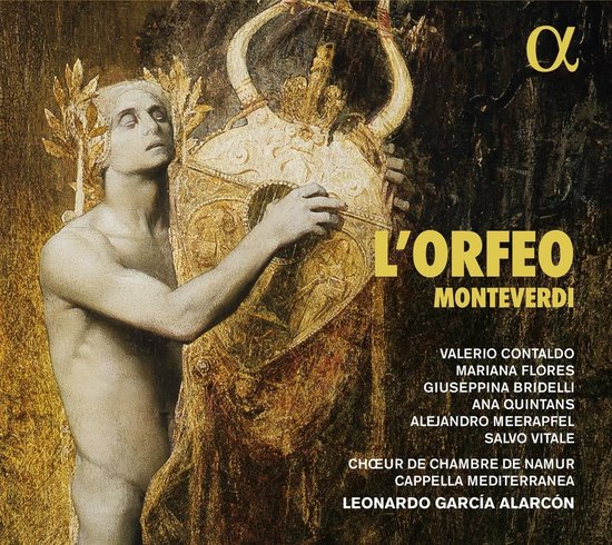 Een man met lauwerkrans bespeelt een lier voor een gouden ornament. Titel L'Orfeo Monteverdi.