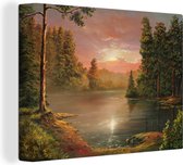 Canvas Schilderij Olieschilderij van een landschap bij een rivier - 120x90 cm - Wanddecoratie