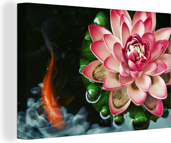 Canvas Schilderij Oranje koi karper zwemt bij een roze lotus bloem - 30x20 cm - Wanddecoratie