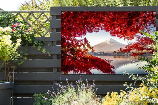 Affiche de jardin La montagne Fuji vue à travers les feuilles rouges au Japon - 120x80 cm - Jardin