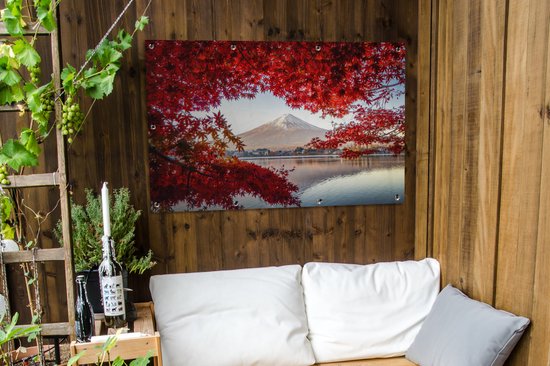 Affiche de jardin La montagne Fuji vue à travers les feuilles rouges au Japon - 120x80 cm - Jardin