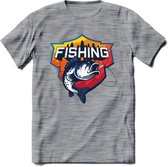 Fishing - Vissen T-Shirt | Grappig Verjaardag Vis Hobby Cadeau Shirt | Dames - Heren - Unisex | Tshirt Hengelsport Kleding Kado - Donker Grijs - Gemaleerd - 3XL