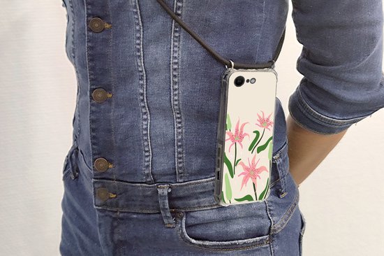 Coque avec cordon iPhone SE 2020 - Bloem - Rose - Feuilles - Siliconen - Bandoulière - Coque arrière avec cordon - Etui pour téléphone avec cordon - Etui avec corde - Cadeaux chaussures - Petits cadeaux - Sinterklaas for big kids