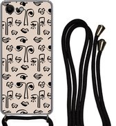 Hoesje met koord Geschikt voor iPhone SE 2020 - Patronen - Lippen - Line art - Siliconen - Crossbody - Backcover met Koord - Telefoonhoesje met koord - Hoesje met touw