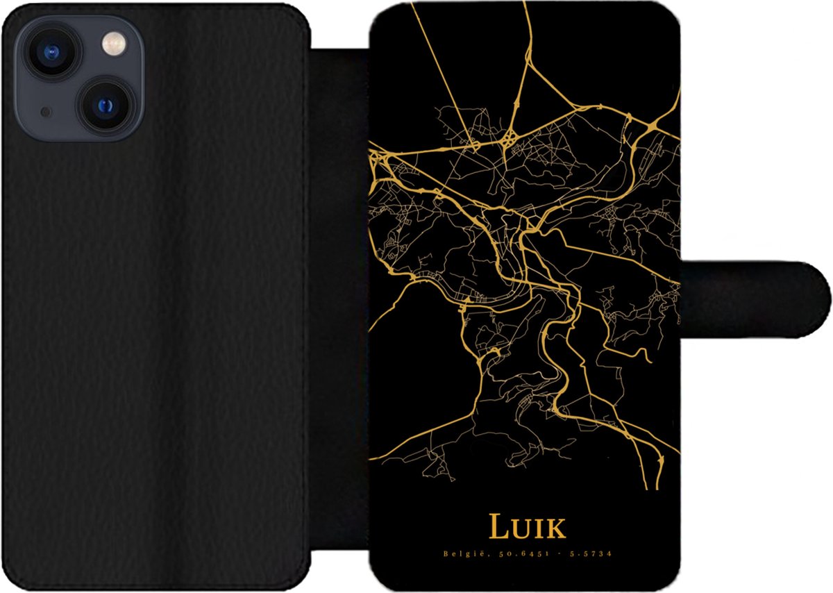 Telefoonhoesje Geschikt voor iPhone 13 telefoonhoesje - Luik - Kaart - Gold - Met vakjes - Wallet case met magneetsluiting