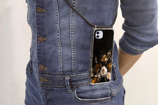 Telefoonkoord - Telefoonketting - Telefoonhoesje Geschikt voor iPhone 12 Mini - Bloem - Gold - Patronen - Siliconen - Crossbody - Telefoonhoesje met koord Telefoonhoesje