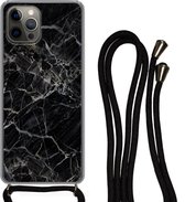 Coque avec cordon iPhone 13 Pro - Marbre - Zwart - Wit - Siliconen - Bandoulière - Coque arrière avec cordon - Coque pour téléphone avec cordon - Coque avec corde
