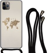 Hoesje met koord Geschikt voor iPhone 11 Pro Max - Wereldkaart - Touw - Bruin - Siliconen - Crossbody - Backcover met Koord - Telefoonhoesje met koord - Hoesje met touw