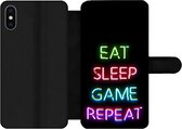 Bookcase Geschikt voor iPhone XS telefoonhoesje - Gaming - Led - Quote - Eat sleep game repeat - Gamen - Met vakjes - Wallet case met magneetsluiting