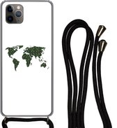 Hoesje met koord Geschikt voor iPhone 11 Pro - Wereldkaart - Groen - Bladeren - Siliconen - Crossbody - Backcover met Koord - Telefoonhoesje met koord - Hoesje met touw