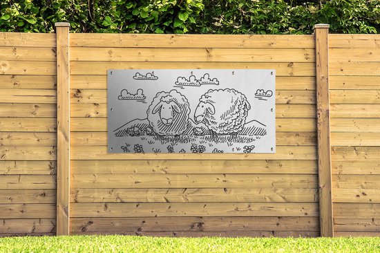 Affiche de clôture deux moutons dans le pré - 200x100 cm - Toile de jardin