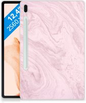 Cover Case Geschikt voor Samsung Galaxy Tab S7FE Tablet Hoes Marble Pink met doorzichte zijkanten