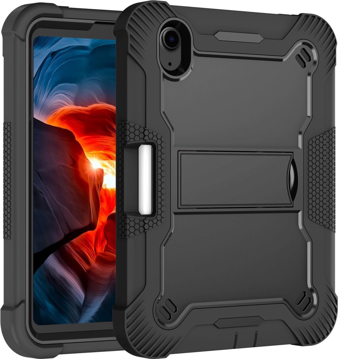 Mobigear Tablethoes geschikt voor Apple iPad Mini 6 (2021) Hardcase Backcover | Mobigear ShieldStand + Stylus Houder | Schokbestendig iPad Mini 6 (2021) Telefoonhoesje | Anti Shock Proof + Standaard - Zwart