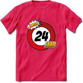 24 Jaar Hoera Verkeersbord T-Shirt | Grappig Verjaardag Cadeau | Dames - Heren | - Roze - M