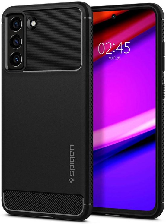 Zwarte Spigen telefoonhoes met geribbeld patroon boven en carbonfiber onder, naast een telefoon met paars-rode achtergrond.