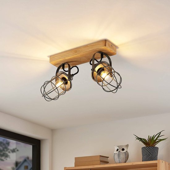Lindby - plafondlamp hout - 2 lichts - metaal, pijnboomhout - H: 24 cm - E14 - donkergrijs, hout licht