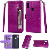 LuxeBass Hoesje geschikt voor Samsung Galaxy A20E Glitter Bookcase hoesje - Paarse Portemonnee met Rits - telefoonhoes - gsm hoes - telefoonhoesjes