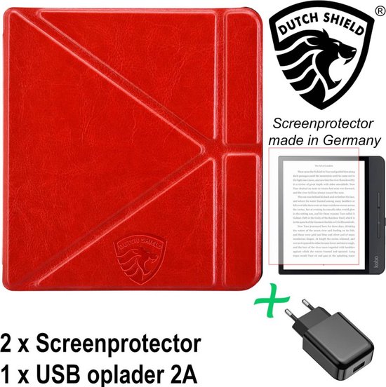 Origami Sleepcover Geschikt voor Kobo Sage Hoes Rood + Screenprotector + Oplader *