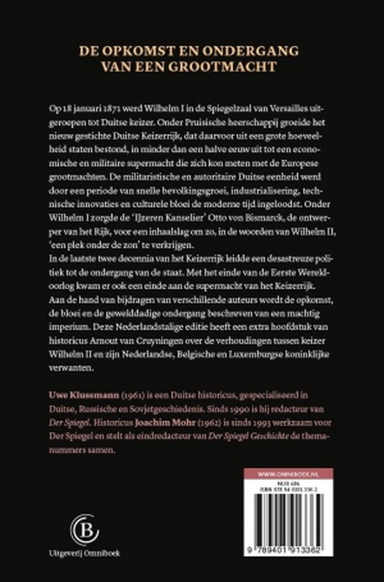 Boekomslag met tekst 'Het Duitse Keizerrijk'. Auteurs Uwe Klussmann en Joachim Mohr. Achtergrond met afbeelding van de achterkant van een boek.