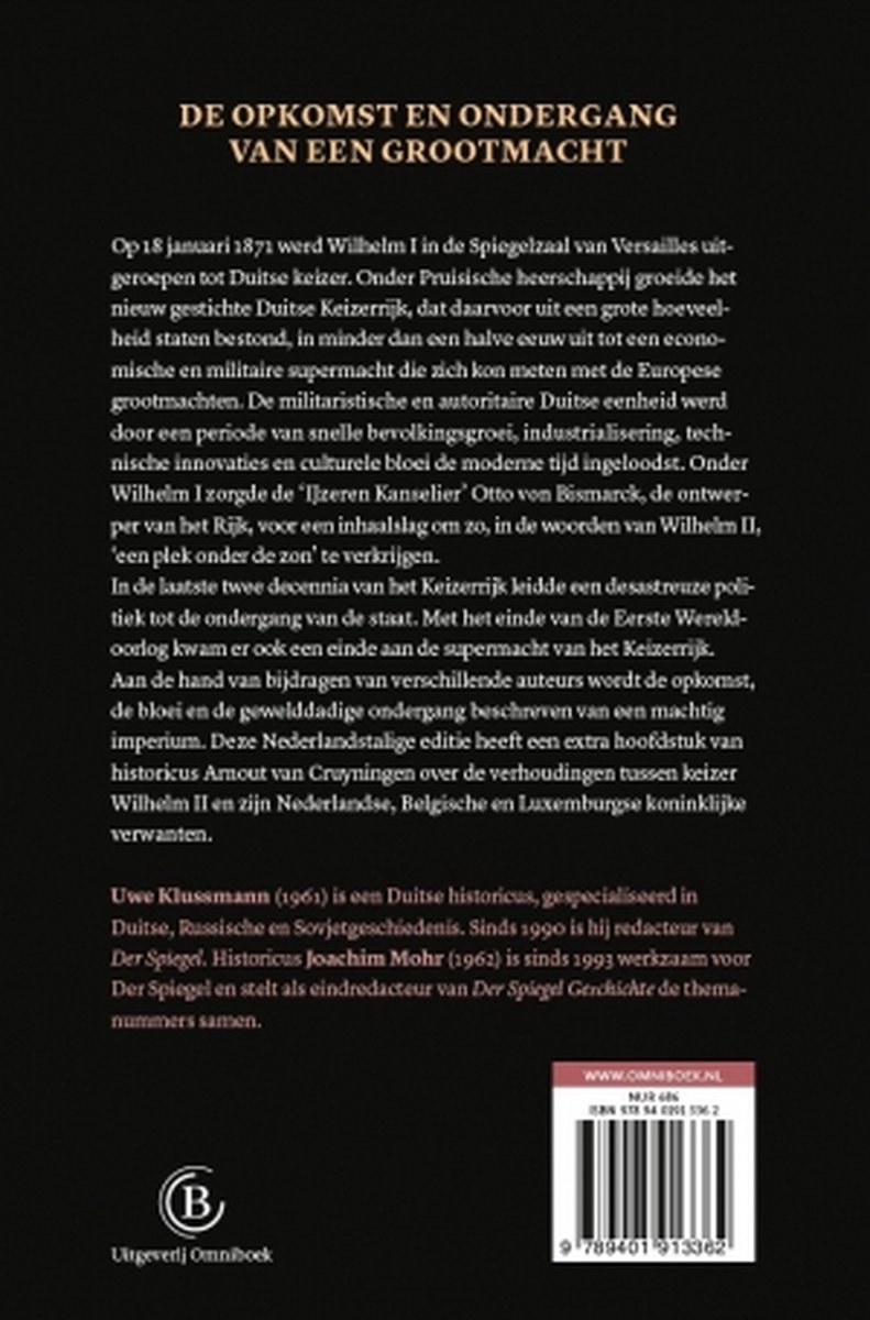 Boekomslag met tekst 'Het Duitse Keizerrijk'. Auteurs Uwe Klussmann en Joachim Mohr. Achtergrond met afbeelding van de achterkant van een boek.