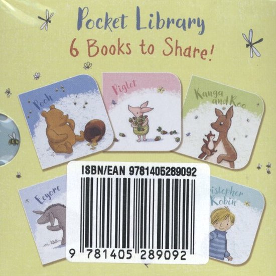 Achterkant van Winnie de Poeh Pocket Library: 6 boeken om te delen, met boeken van Poeh, Piglet, Kanga & Roo, Eeyore, en Christopher Robin.