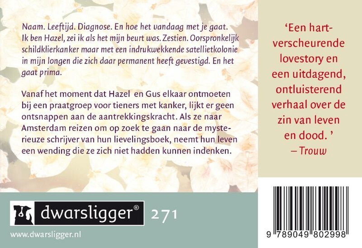 Achterkant van een boek met tekst over 'Een weeffout in onze sterren', Dwarsligger logo en barcode.