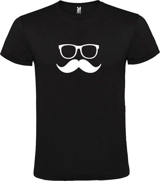 Zwart  T shirt met  print van "Bril en Snor " print Wit size L