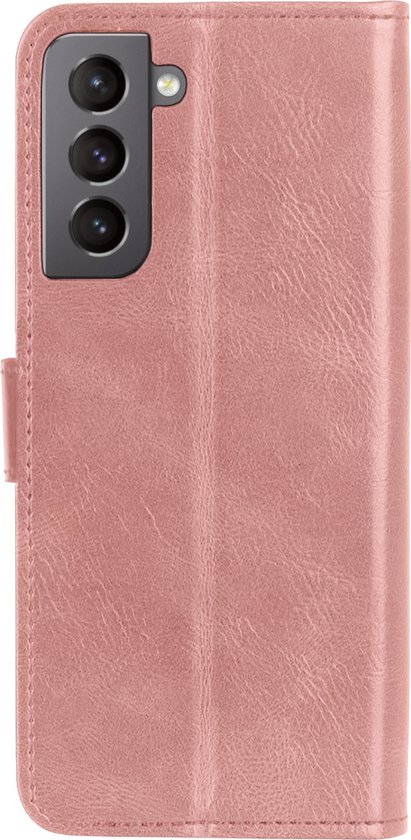 Roze kunstleren telefoonhoesje met gesp, geschikt voor Samsung Galaxy S21 FE.