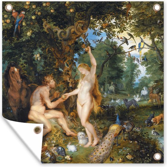Tuin poster Het aardse paradijs met de zondeval van Adam en Eva - Schilderij van Peter Paul Rubens - 200x200 cm - Tuindoek - Buitenposter