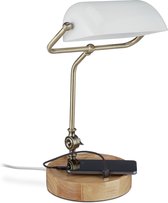 Relaxdays bankierslamp met USB-aansluiting - notarislamp - tafellamp - vintage - witte kap