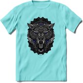 Wolf - Dieren Mandala T-Shirt | Donkerblauw | Grappig Verjaardag Zentangle Dierenkop Cadeau Shirt | Dames - Heren - Unisex | Wildlife Tshirt Kleding Kado | - Licht Blauw - XL