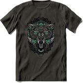 Wolf - Dieren Mandala T-Shirt | Aqua | Grappig Verjaardag Zentangle Dierenkop Cadeau Shirt | Dames - Heren - Unisex | Wildlife Tshirt Kleding Kado | - Donker Grijs - M