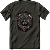 Leeuw - Dieren Mandala T-Shirt | Oranje | Grappig Verjaardag Zentangle Dierenkop Cadeau Shirt | Dames - Heren - Unisex | Wildlife Tshirt Kleding Kado | - Donker Grijs - XL