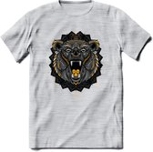 Beer - Dieren Mandala T-Shirt | Geel | Grappig Verjaardag Zentangle Dierenkop Cadeau Shirt | Dames - Heren - Unisex | Wildlife Tshirt Kleding Kado | - Licht Grijs - Gemaleerd - XL