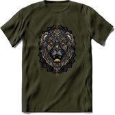 Leeuw - Dieren Mandala T-Shirt | Geel | Grappig Verjaardag Zentangle Dierenkop Cadeau Shirt | Dames - Heren - Unisex | Wildlife Tshirt Kleding Kado | - Leger Groen - XL