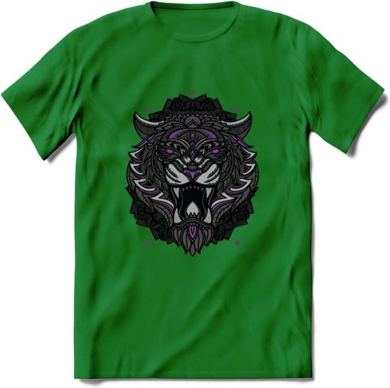 Tijger - Dieren Mandala T-Shirt | Paars | Grappig Verjaardag Zentangle Dierenkop Cadeau Shirt | Dames - Heren - Unisex | Wildlife Tshirt Kleding Kado | - Donker Groen - S