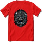 Leeuw - Dieren Mandala T-Shirt | Lichtblauw | Grappig Verjaardag Zentangle Dierenkop Cadeau Shirt | Dames - Heren - Unisex | Wildlife Tshirt Kleding Kado | - Rood - XXL
