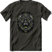 Leeuw - Dieren Mandala T-Shirt | Groen | Grappig Verjaardag Zentangle Dierenkop Cadeau Shirt | Dames - Heren - Unisex | Wildlife Tshirt Kleding Kado | - Donker Grijs - XL