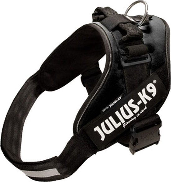 Zwart Julius-K9 IDC tuig met tekst 'Glowing in dark' en reflecterende strip.
