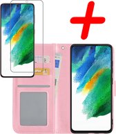 Samsung Galaxy S21 FE Hoesje Bookcase Met Screenprotector - Samsung Galaxy S21 FE Case Hoes Cover - Samsung Galaxy S21 FE Screenprotector - Licht Roze