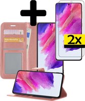 Samsung S21 FE Hoesje Book Case Met 2x Screenprotector - Samsung Galaxy S21 FE Case Hoesje Wallet Cover Met 2x Screenprotector - Rose Goud