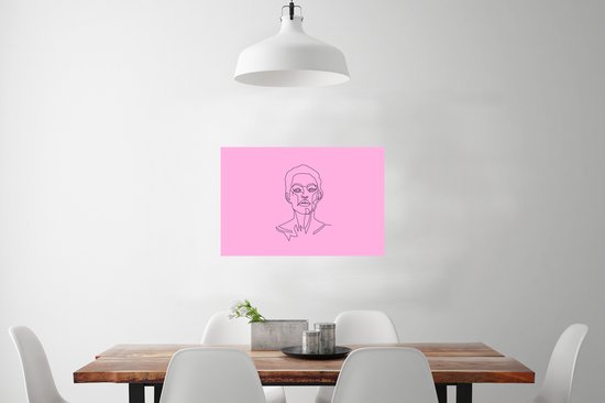 Femme art Line avec les cheveux courts sur un papier d'affiche de fond rose 90x60 cm - impression photo sur l' affiche (décoration murale salon / chambre à coucher)
