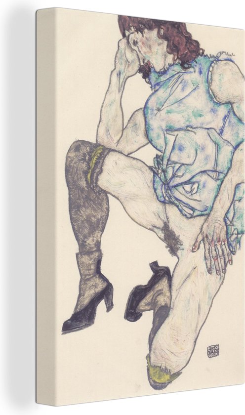 Canvas Schilderij Kniendes Mädchen - schilderij van Egon Schiele - 20x30 cm - Wanddecoratie
