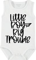 Baby Rompertje met tekst 'Little boy, big trouble' | mouwloos l | wit zwart | maat 62/68 | cadeau | Kraamcadeau | Kraamkado