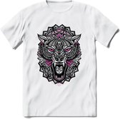 Wolf - Dieren Mandala T-Shirt | Roze | Grappig Verjaardag Zentangle Dierenkop Cadeau Shirt | Dames - Heren - Unisex | Wildlife Tshirt Kleding Kado | - Wit - XL