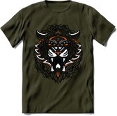 Tijger - Dieren Mandala T-Shirt | Oranje | Grappig Verjaardag Zentangle Dierenkop Cadeau Shirt | Dames - Heren - Unisex | Wildlife Tshirt Kleding Kado | - Leger Groen - S