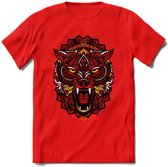 Wolf - Dieren Mandala T-Shirt | Geel | Grappig Verjaardag Zentangle Dierenkop Cadeau Shirt | Dames - Heren - Unisex | Wildlife Tshirt Kleding Kado | - Rood - L