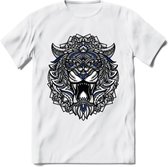 Tijger - Dieren Mandala T-Shirt | Donkerblauw | Grappig Verjaardag Zentangle Dierenkop Cadeau Shirt | Dames - Heren - Unisex | Wildlife Tshirt Kleding Kado | - Wit - XXL