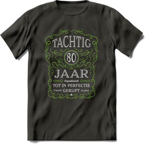 80 Jaar Legendarisch Gerijpt T-Shirt | Groen - Grijs | Grappig Verjaardag en Feest Cadeau Shirt | Dames - Heren - Unisex | Tshirt Kleding Kado | - Donker Grijs - XL