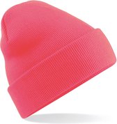 Basic dames/heren beanie wintermuts 100% soft Acryl in kleur fluor roze - Super soft - Brede omslag band